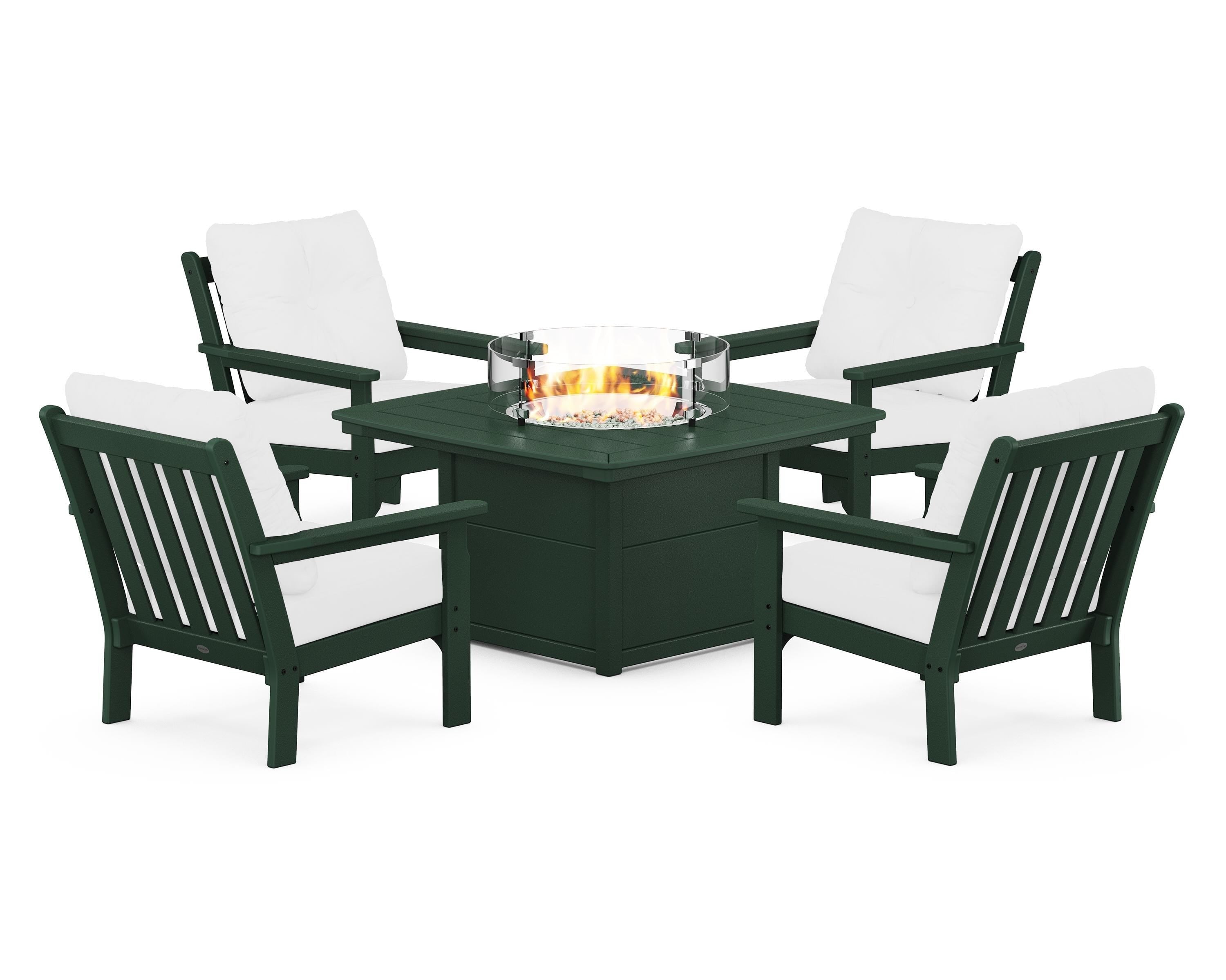 POLYWOOD® Vineyard 5-Piece Conversation Set with Fire Pit Table in Green / Natural