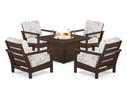 POLYWOOD® Harbour 5-Piece Conversation Set with Fire Pit Table in Mahogany / Leaf Dune Burlap