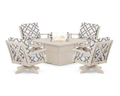 POLYWOOD® Braxton 5-Piece Deep Seating Swivel Conversation Set with Fire Pit Table in Sand / Trellis Grey Mist