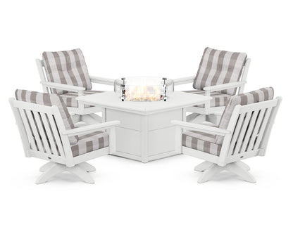 POLYWOOD® Vineyard 5-Piece Deep Seating Swivel Conversation Set with Fire Pit Table in White / Buffalo Plaid Grey Mist
