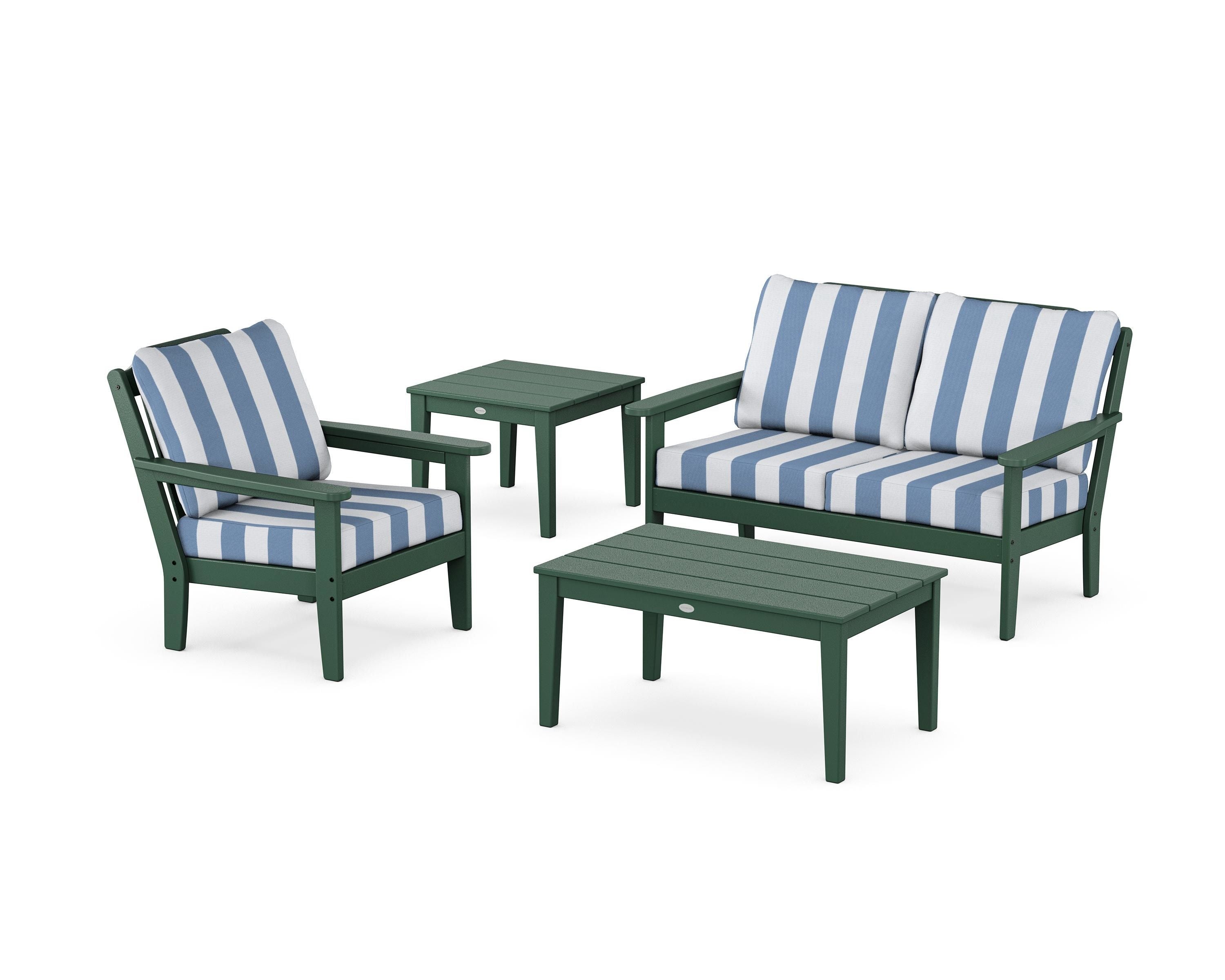 Country Living Wovendale 4-Piece Deep Seating Set in Green / Cabana Stripe Sky Blue