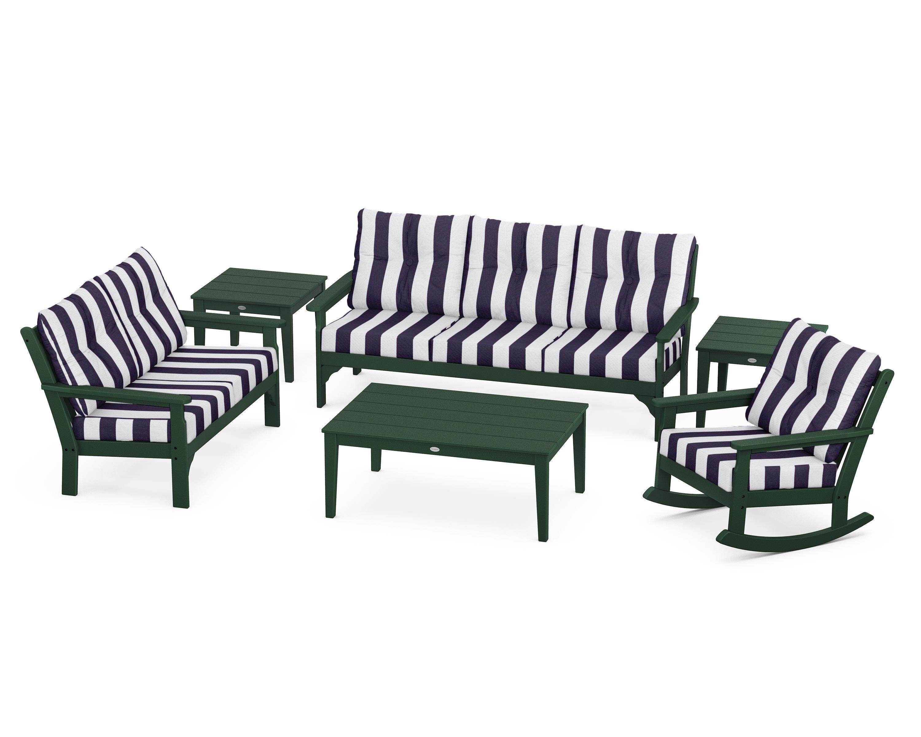 POLYWOOD® Vineyard 6-Piece Deep Seating Set in Green / Cabana Stripe Navy