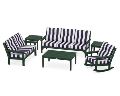 POLYWOOD® Vineyard 6-Piece Deep Seating Set in Green / Cabana Stripe Navy