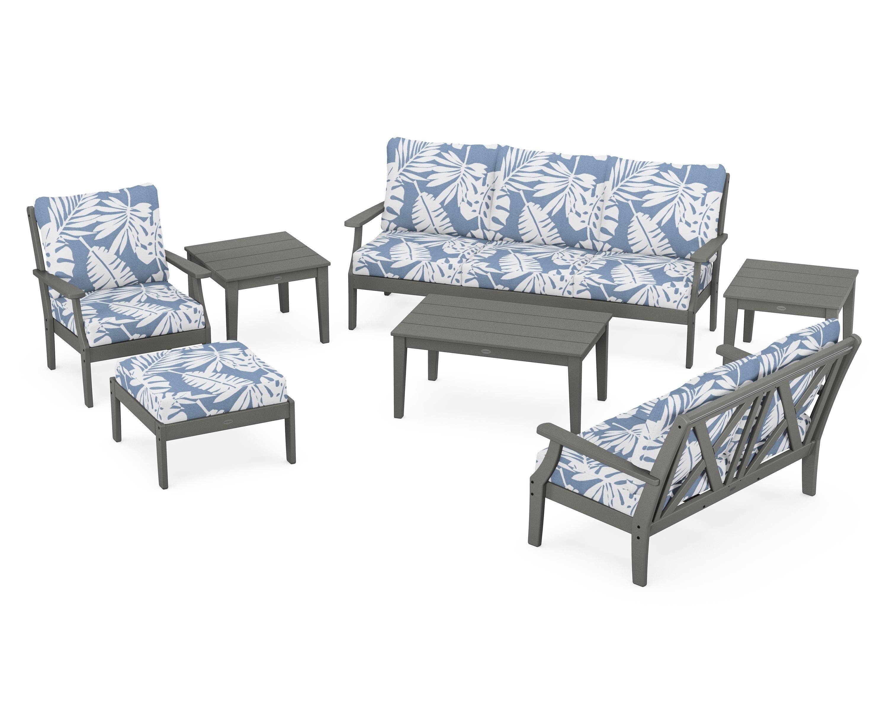 POLYWOOD® Braxton 7-Piece Deep Seating Set in Slate Grey / Leaf Sky Blue