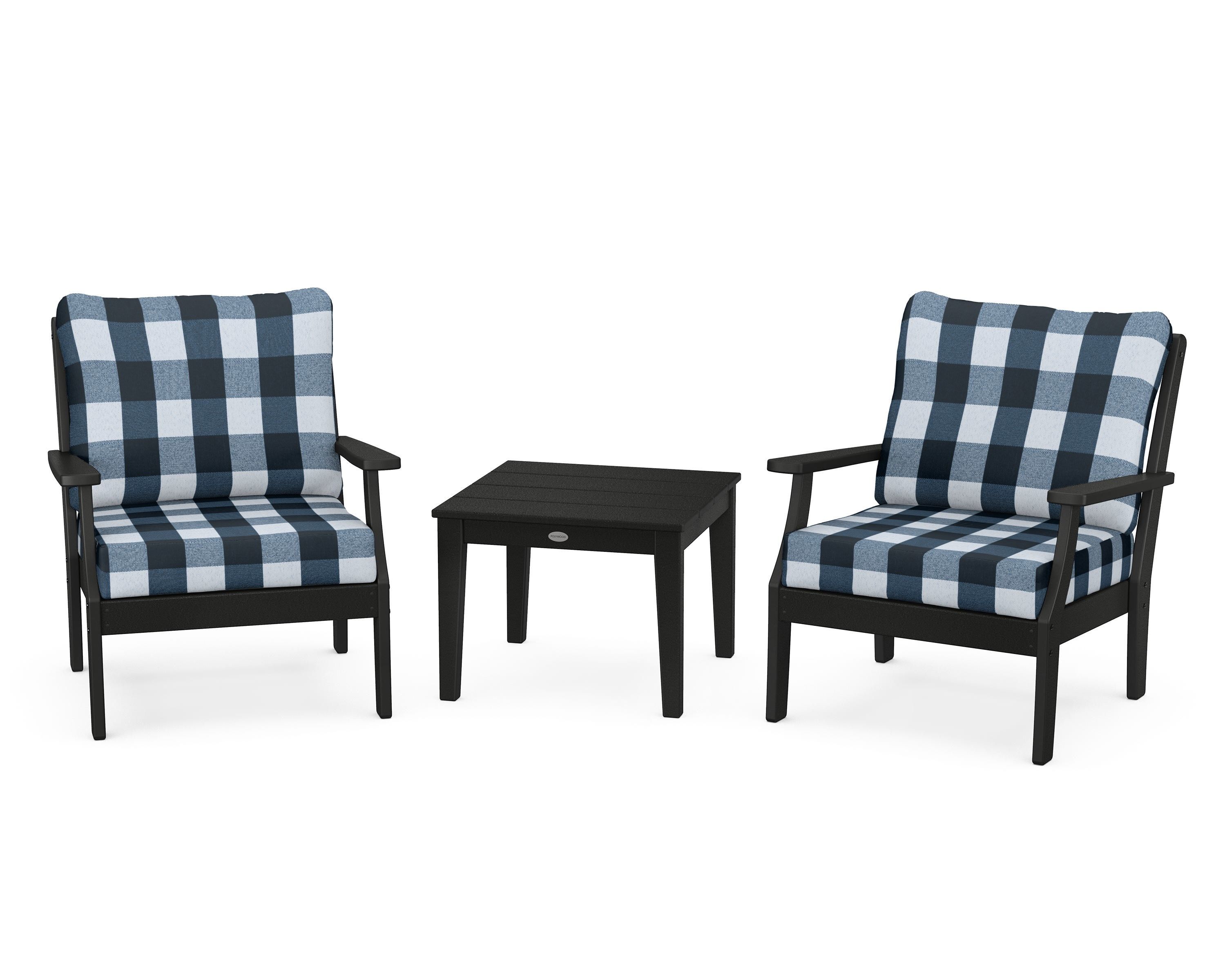POLYWOOD® Braxton 3-Piece Deep Seating Set in Black / Buffalo Plaid Marine Indigo