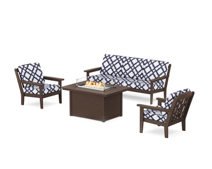 Country Living Cottage Deep Seating Fire Pit Table Set in Mahogany / Trellis Navy
