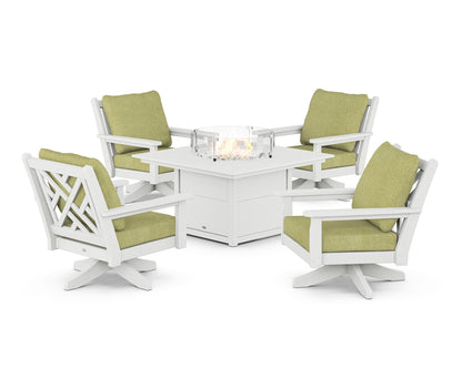 POLYWOOD® Chippendale 5-Piece Deep Seating Swivel Conversation Set with Fire Pit Table in White / Chartreuse Boucle