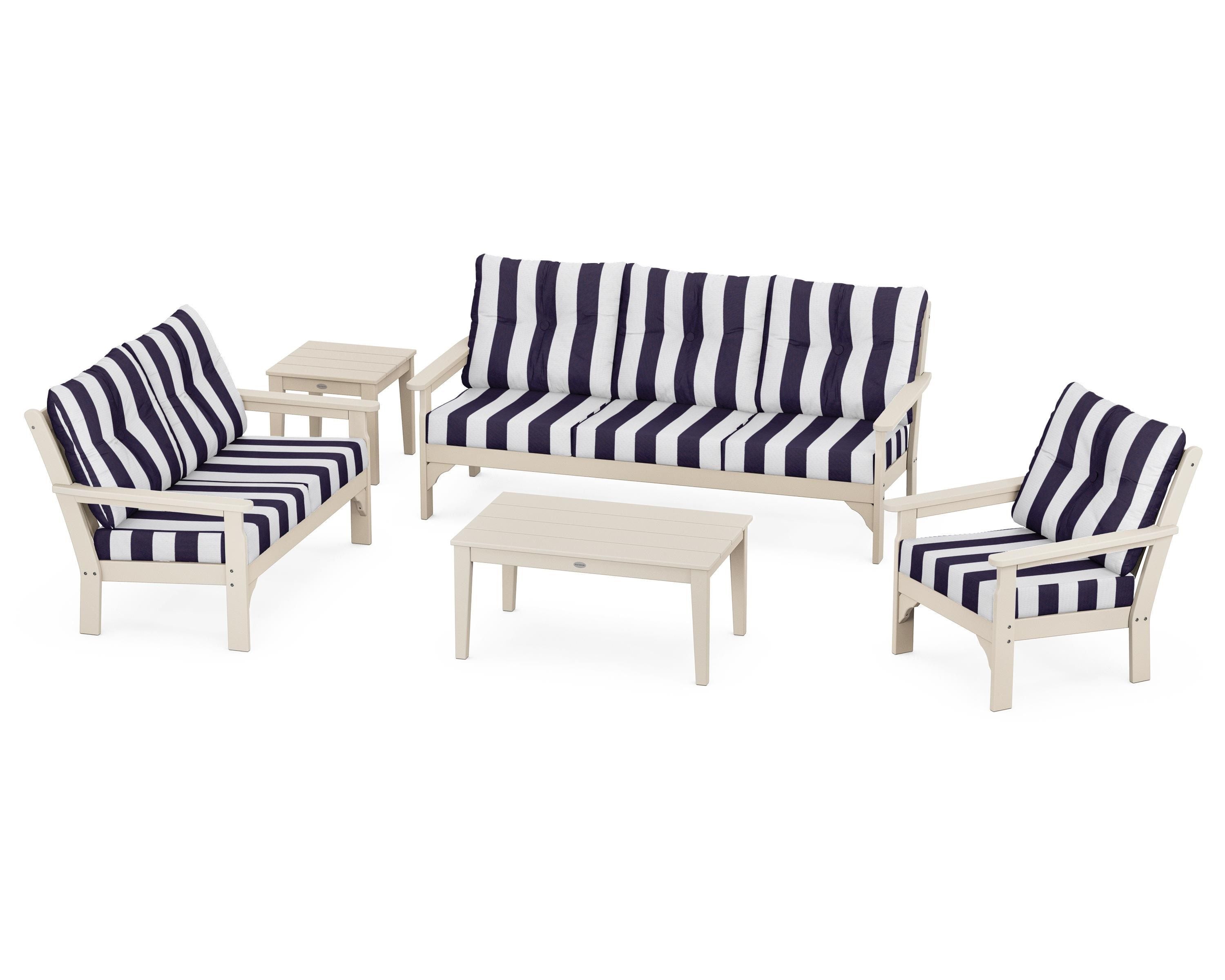 POLYWOOD® Vineyard 5 Piece Deep Seating Set in Sand / Cabana Stripe Navy
