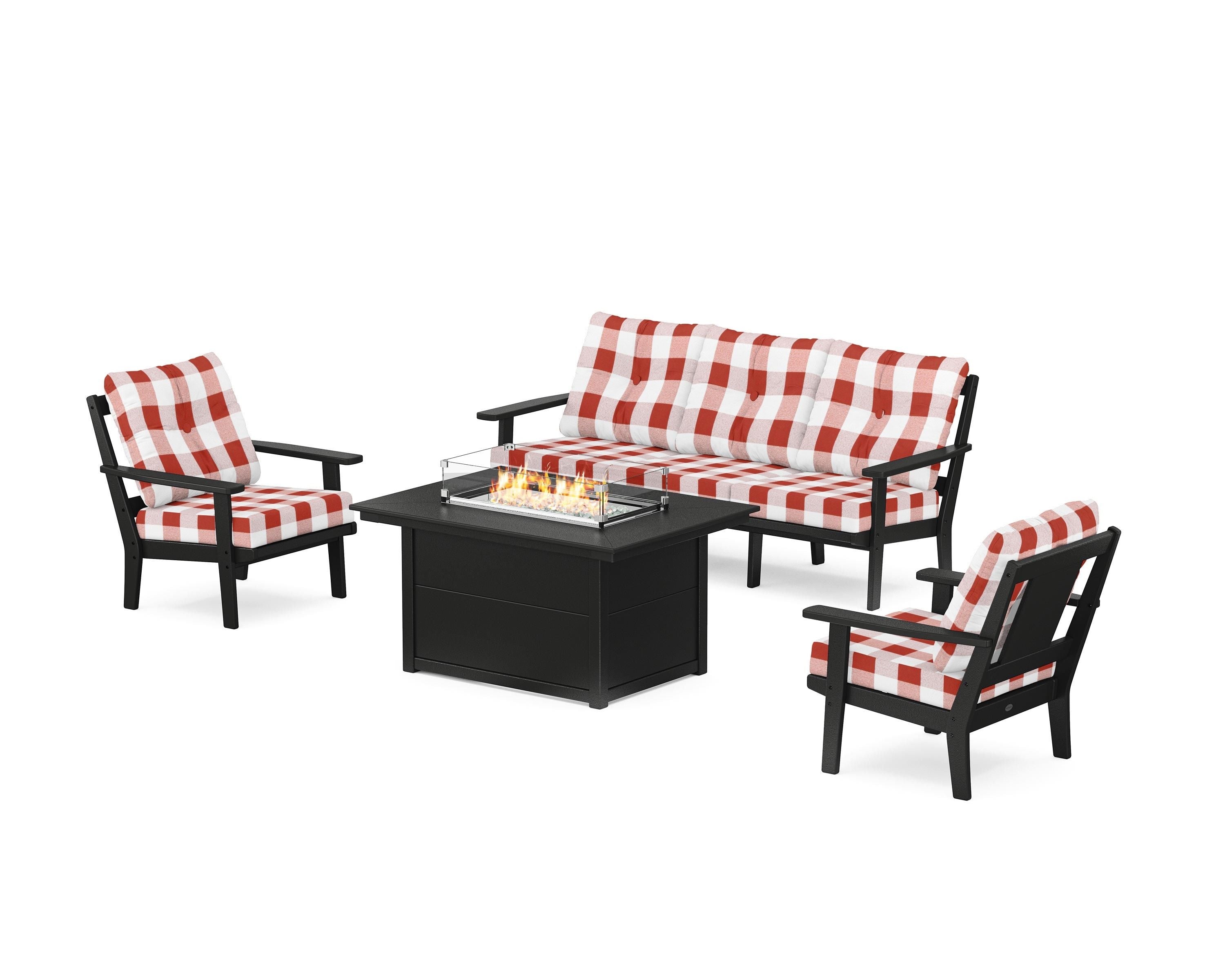 POLYWOOD® Prairie Deep Seating Fire Pit Table Set in Black / Buffalo Plaid Crimson