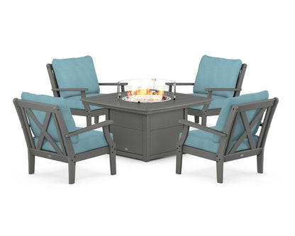 POLYWOOD® Braxton 5-Piece Deep Seating Conversation Set with Fire Pit Table in Slate Grey / Lattice Sky Blue
