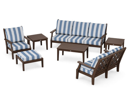 Country Living Wovendale 7-Piece Deep Seating Set in Mahogany / Cabana Stripe Sky Blue