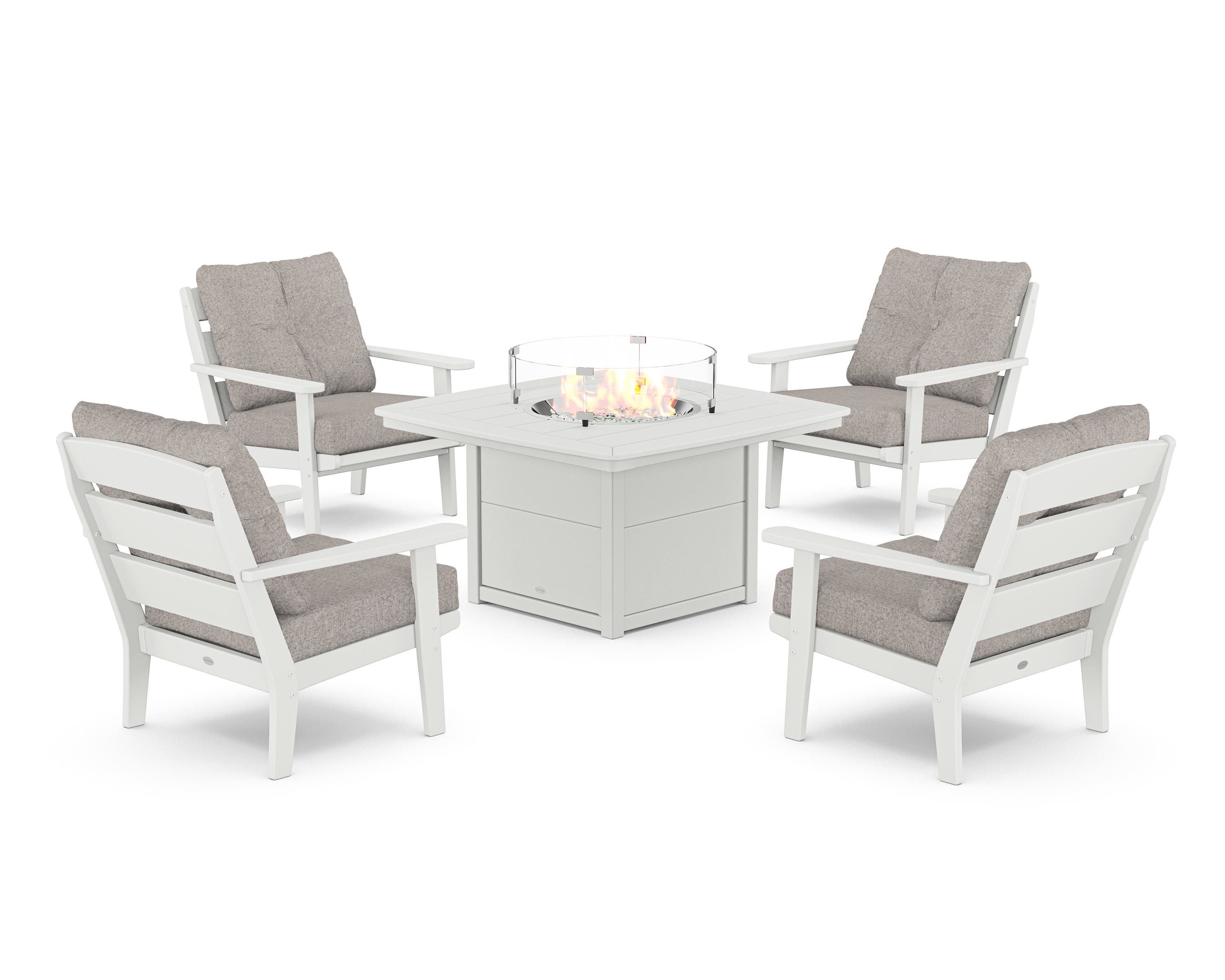 POLYWOOD® Lakeside 5-Piece Deep Seating Set with Nautical Fire Pit Table in White / Weathered Tweed