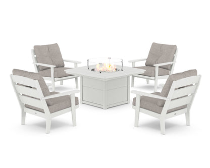 POLYWOOD® Lakeside 5-Piece Deep Seating Set with Nautical Fire Pit Table in White / Weathered Tweed