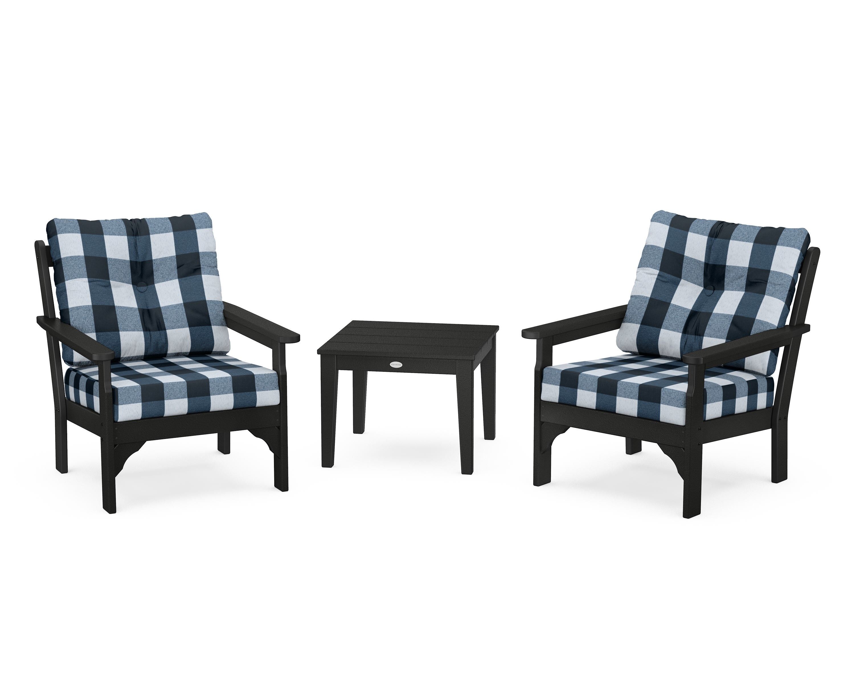 POLYWOOD® Vineyard 3-Piece Deep Seating Set in Black / Buffalo Plaid Marine Indigo