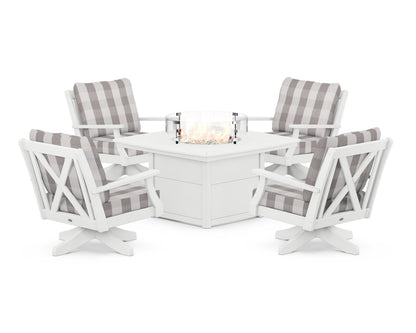 POLYWOOD® Braxton 5-Piece Deep Seating Swivel Conversation Set with Fire Pit Table in White / Buffalo Plaid Grey Mist