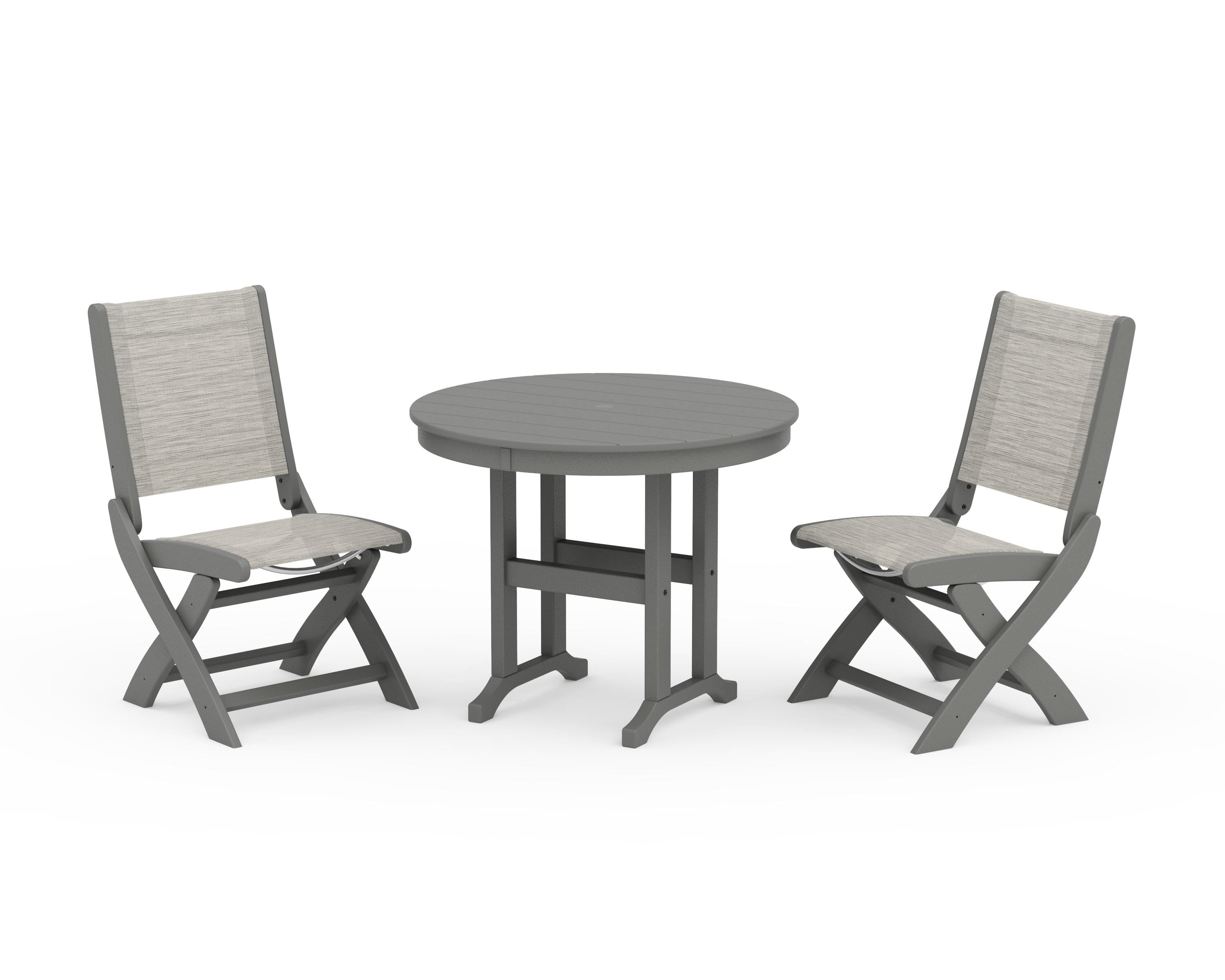 POLYWOOD® Coastal Folding Side Chair 3-Piece Round Dining Set in Slate Grey / Birch Sling