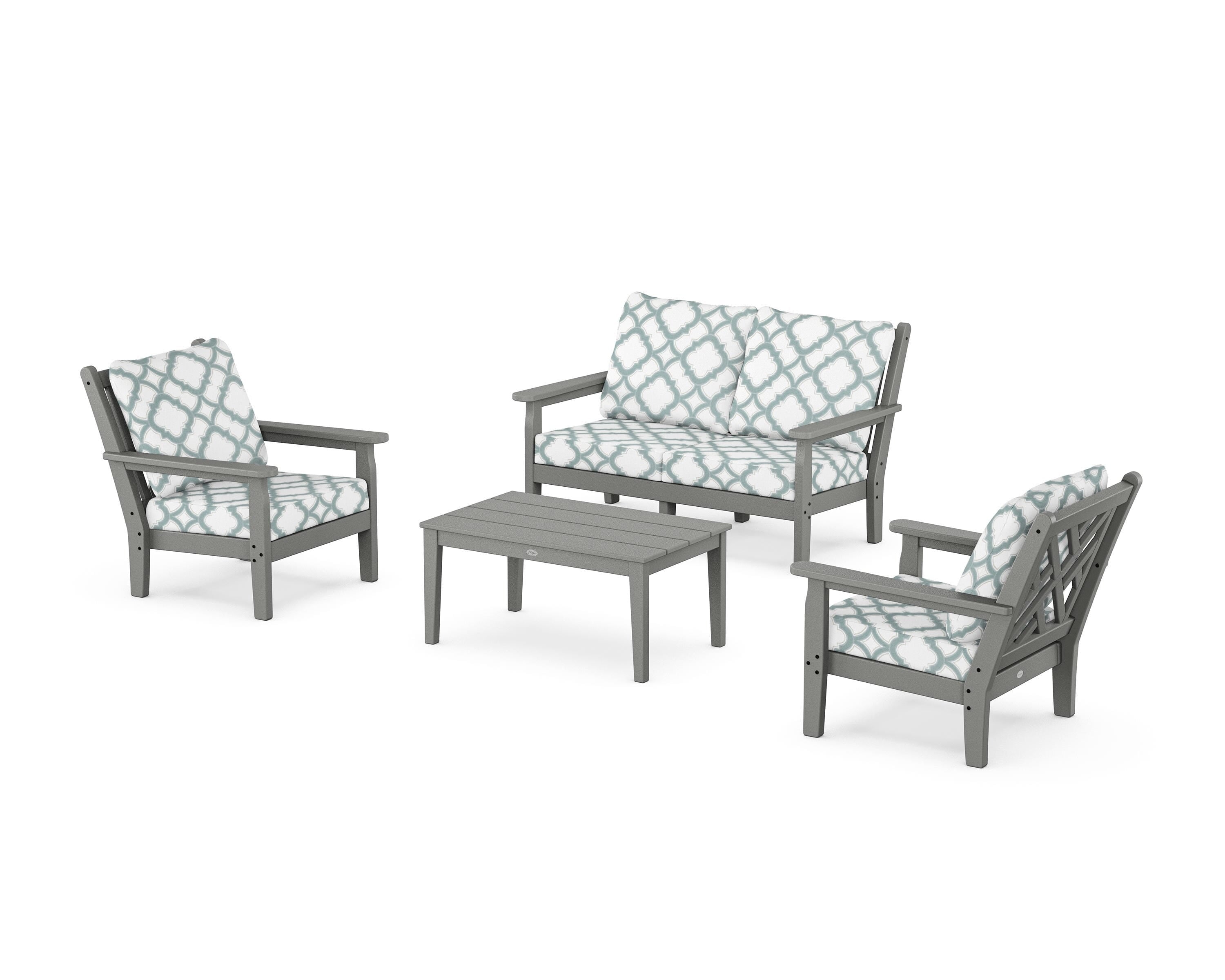 POLYWOOD® Chippendale 4-Piece Deep Seating Set with Loveseat in Slate Grey / Trellis Glacier Spa