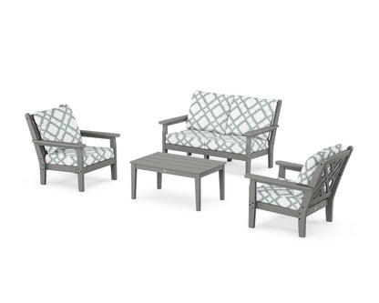 POLYWOOD® Chippendale 4-Piece Deep Seating Set with Loveseat in Slate Grey / Trellis Glacier Spa