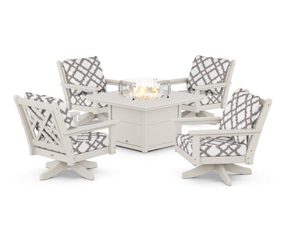 POLYWOOD® Chippendale 5-Piece Deep Seating Swivel Conversation Set with Fire Pit Table in Sand / Trellis Grey Mist