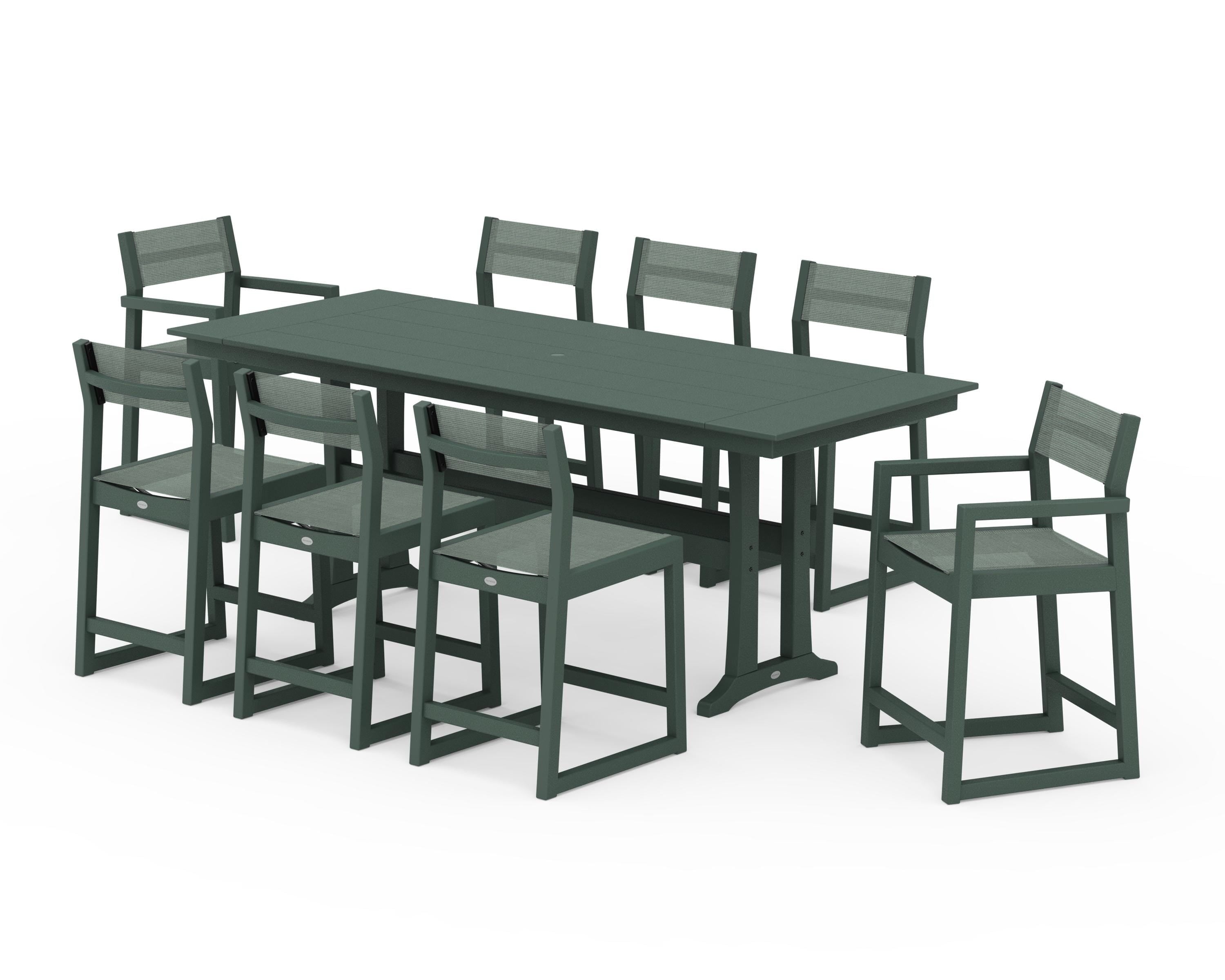 POLYWOOD® EDGE Sling 9-Piece Farmhouse Counter Set with Trestle Legs in Green / Dupioni Sea Mist Sling