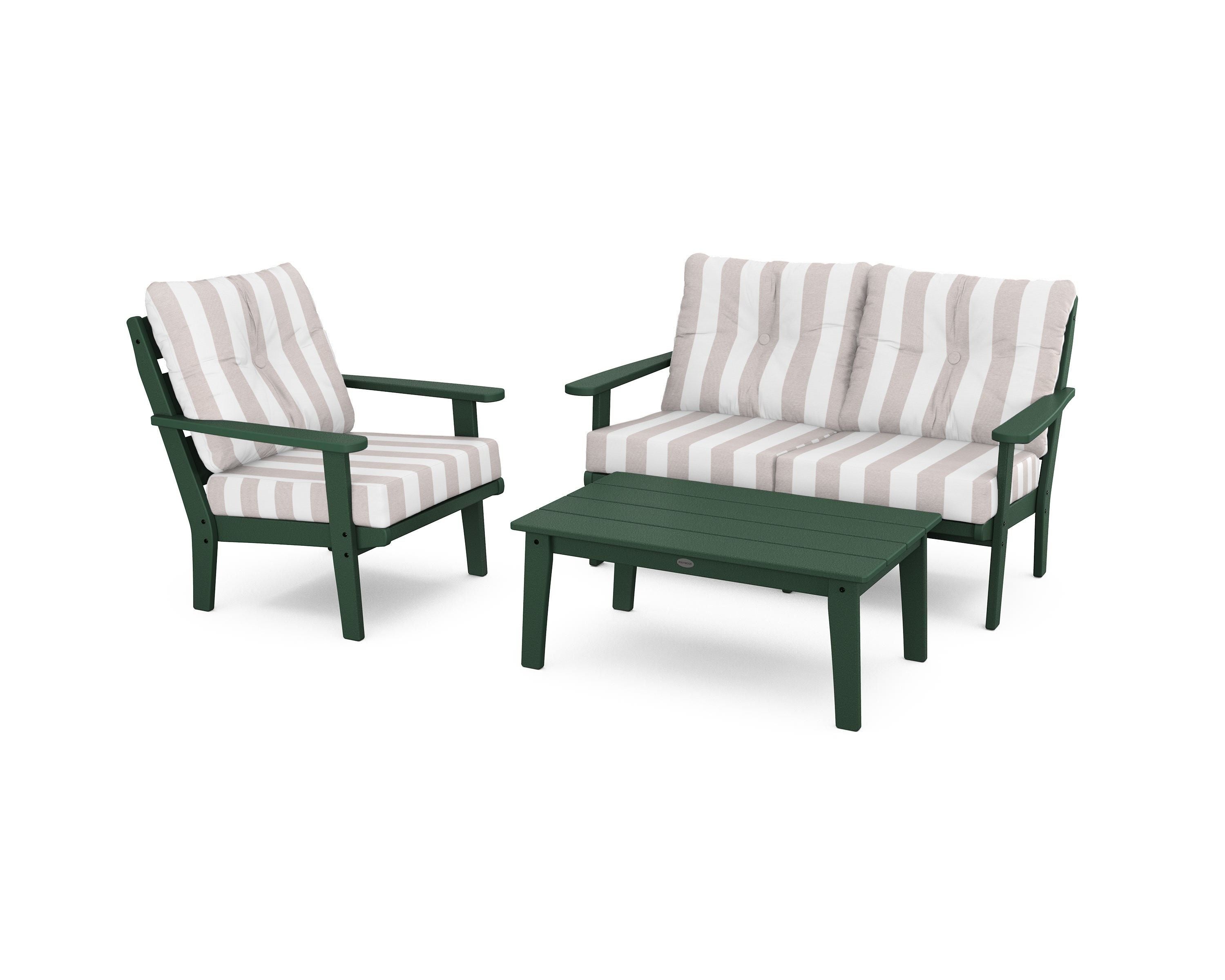 POLYWOOD® Lakeside 3-Piece Deep Seating Set in Green / Cabana Stripe Dune Burlap