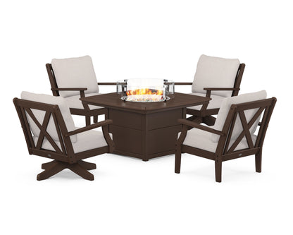 POLYWOOD® Braxton 5-Piece Deep Seating Set with Fire Table in Mahogany / Dune Burlap