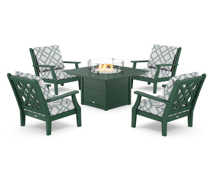 Country Living Wovendale 5-Piece Deep Seating Set with Fire Pit Table in Green / Trellis Glacier Spa