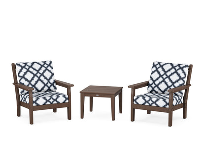 POLYWOOD® Chippendale 3-Piece Deep Seating Set in Mahogany / Trellis Marine Indigo