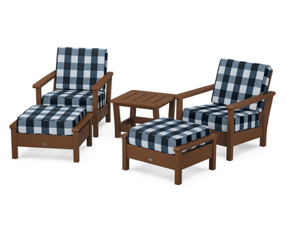 POLYWOOD® Harbour 5-Piece Deep Seating Chair Set in Teak / Buffalo Plaid Marine Indigo