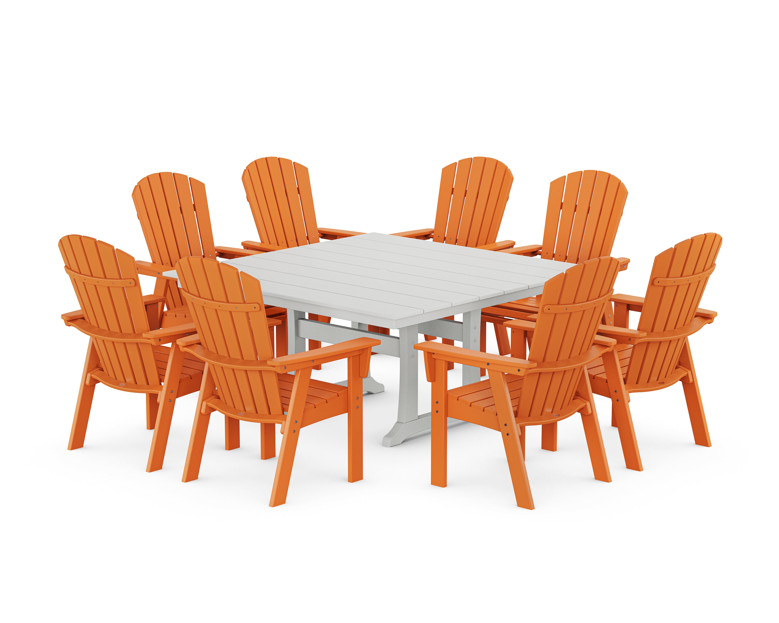 POLYWOOD® Nautical Curveback Adirondack 9-Piece Square Dining Set with Trestle Legs in Tangerine / White
