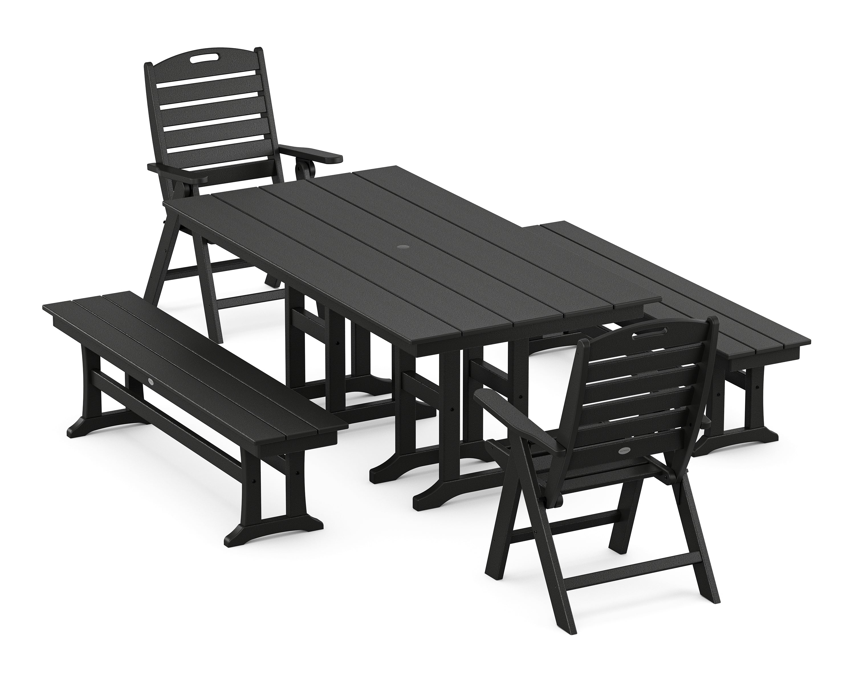 POLYWOOD® Nautical Highback 5-Piece Farmhouse Dining Set with Benches in Black