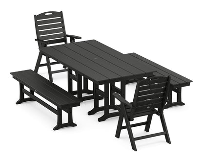 POLYWOOD® Nautical Highback 5-Piece Farmhouse Dining Set with Benches in Black