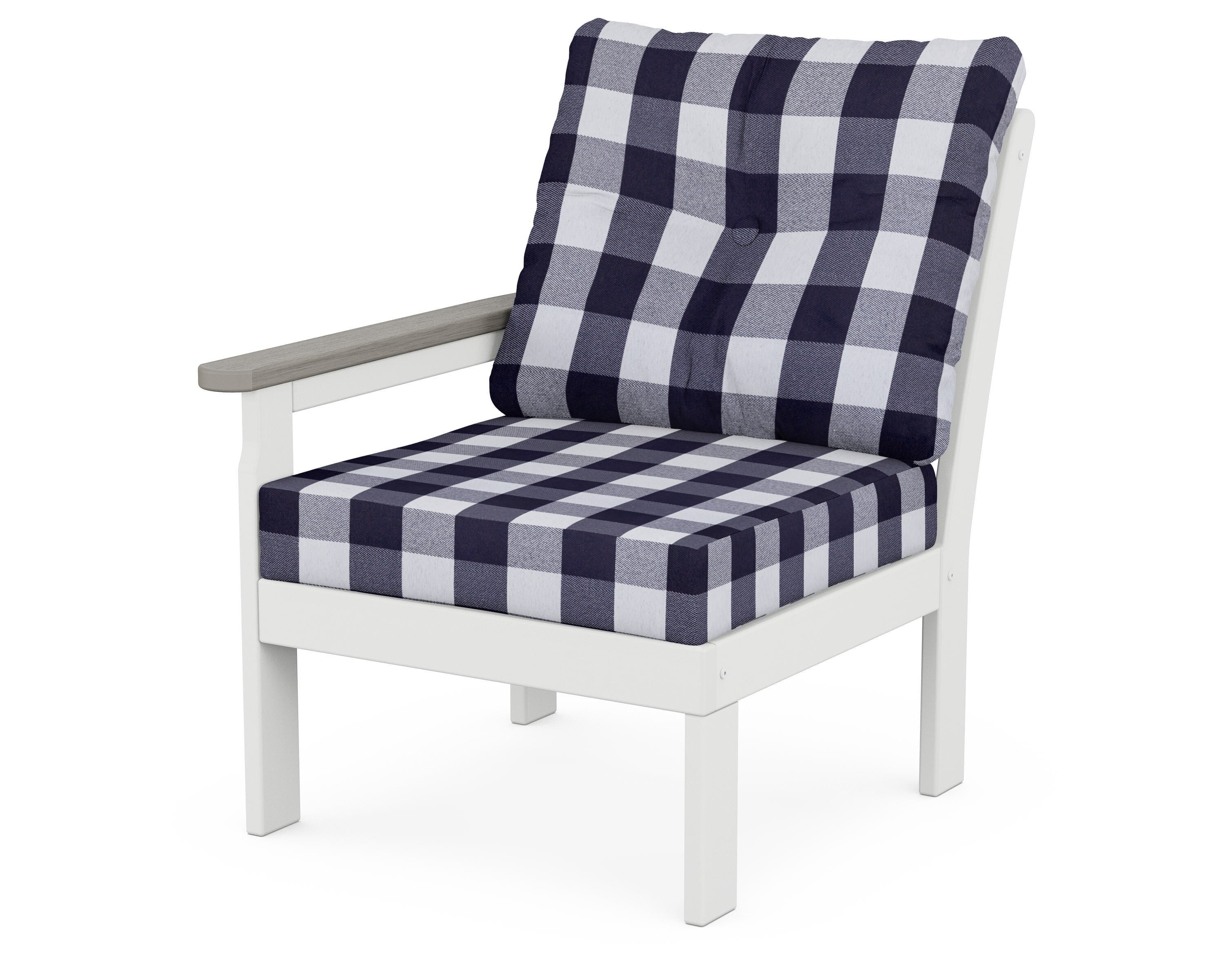 POLYWOOD® Vineyard Modular Left Arm Chair in White / Driftwood / Buffalo Plaid Navy