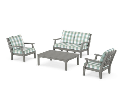 Martha Stewart by POLYWOOD® Chinoiserie 4-Piece Deep Seating Set with Loveseat in Slate Grey / Buffalo Plaid Glacier Spa