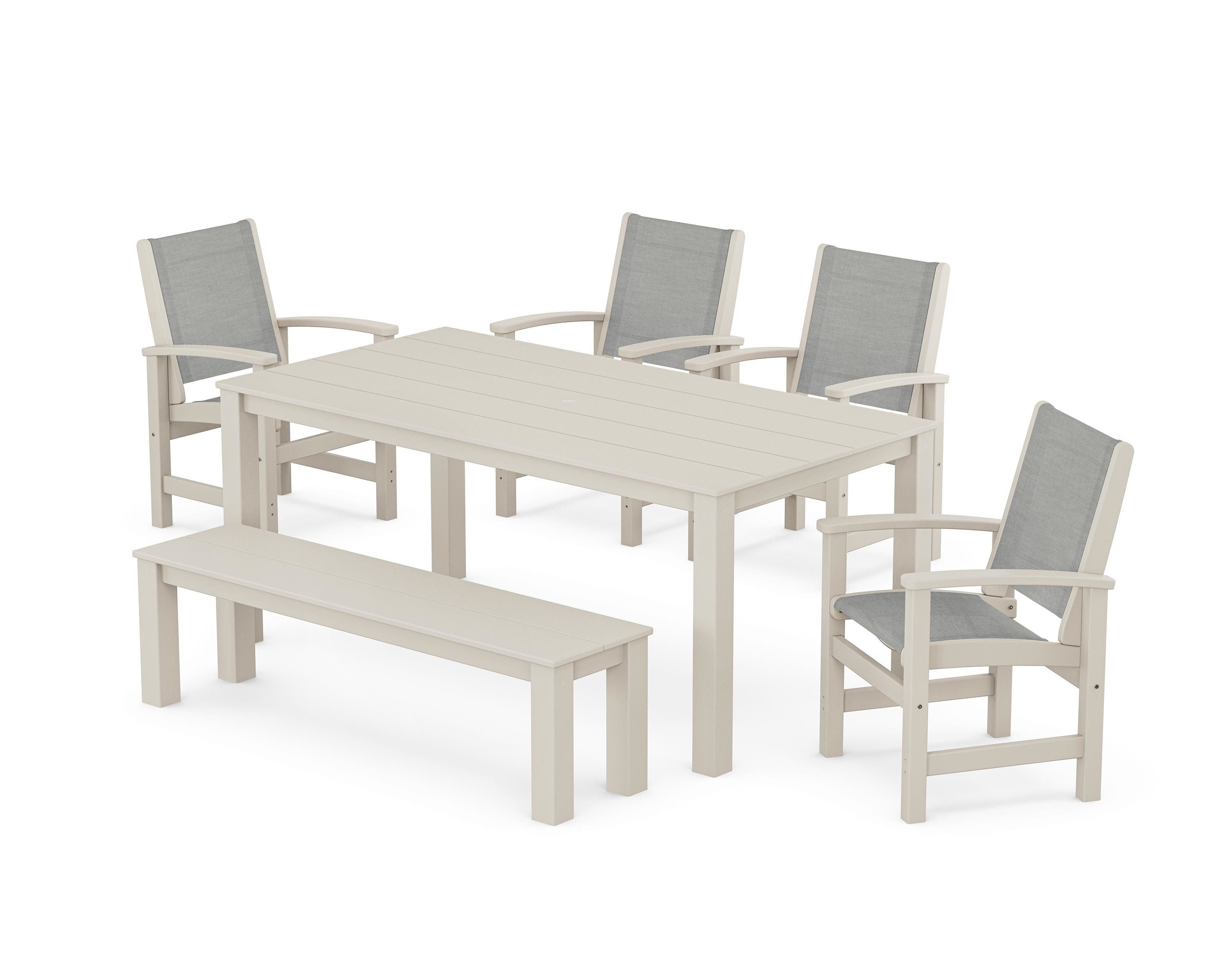 POLYWOOD® Coastal 6-Piece Parsons Dining Set with Bench in Sand / Metallic Sling