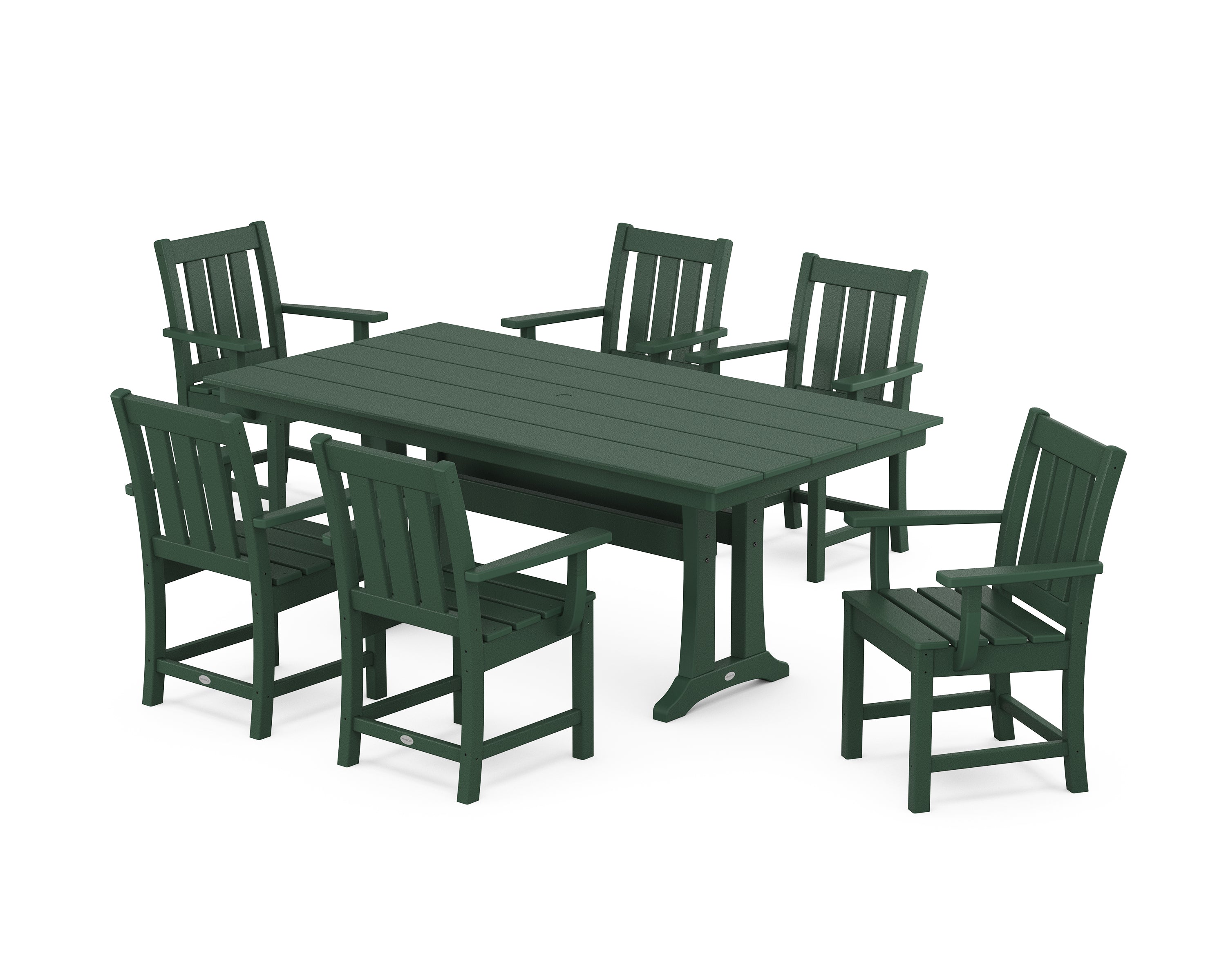POLYWOOD® Oxford Arm Chair 7-Piece Farmhouse Dining Set with Trestle Legs in Green
