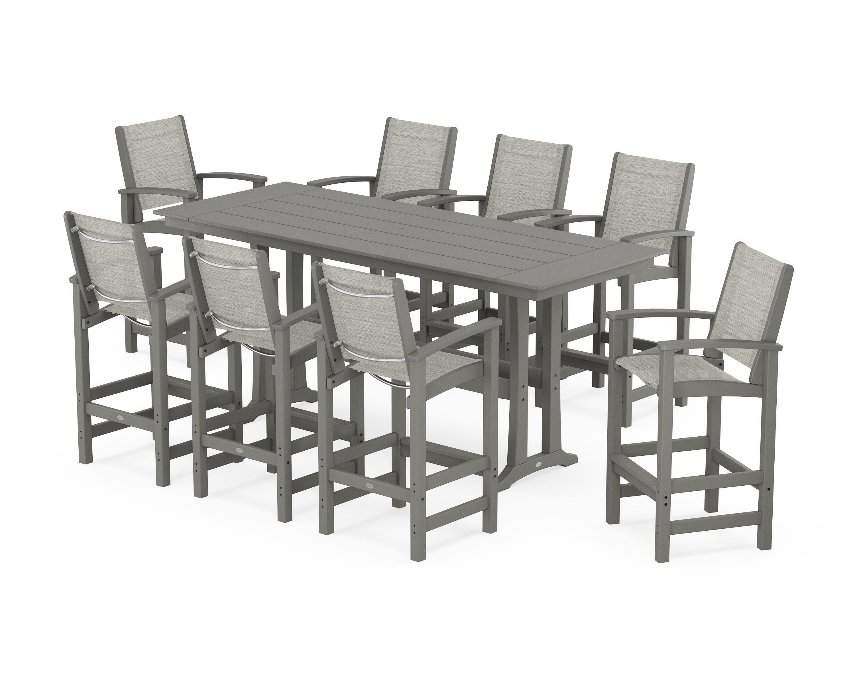 POLYWOOD® Coastal 9-Piece Farmhouse Bar Set with Trestle Legs in Slate Grey / Birch Sling