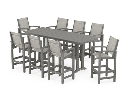 POLYWOOD® Coastal 9-Piece Farmhouse Bar Set with Trestle Legs in Slate Grey / Birch Sling
