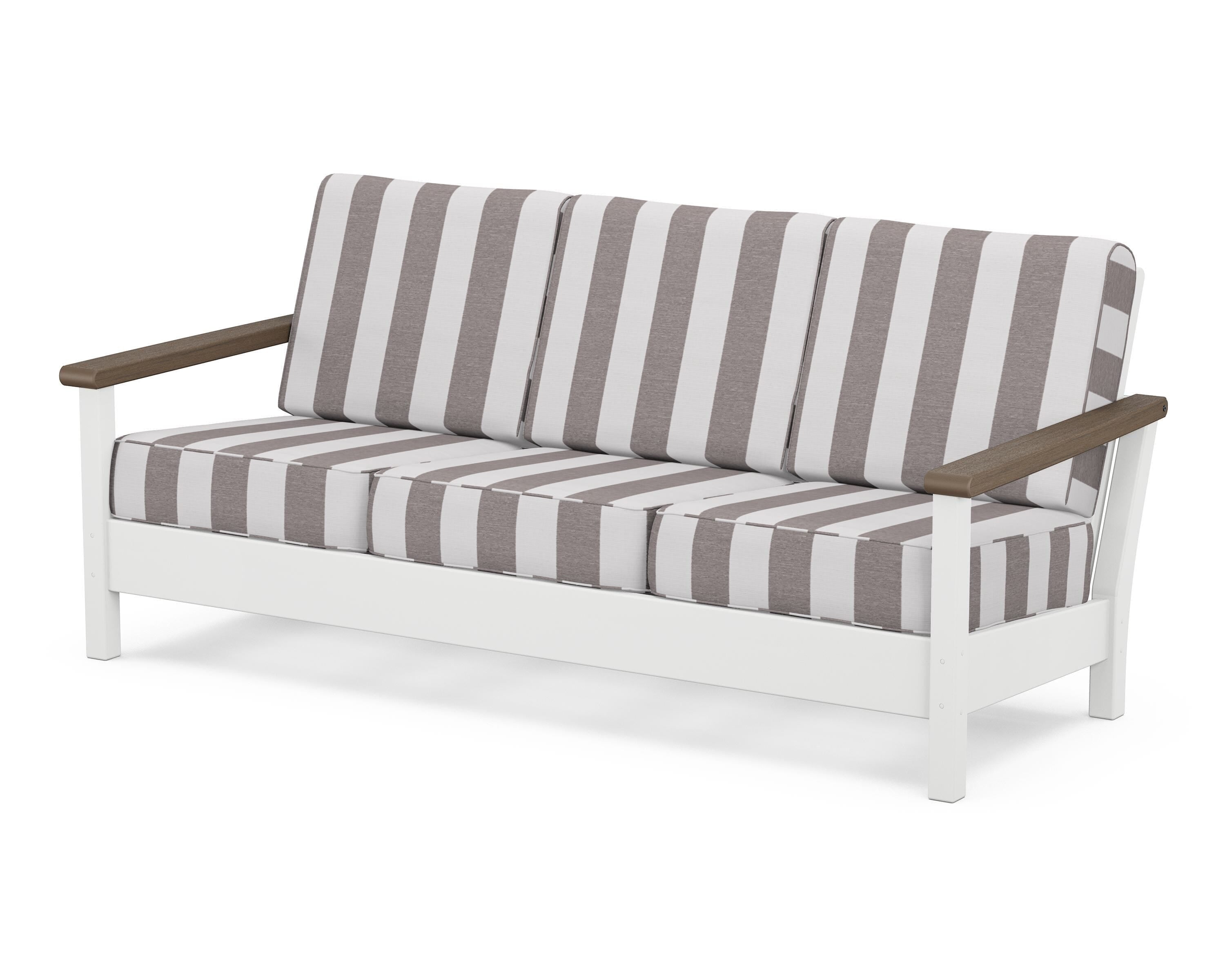 POLYWOOD® Harbour Deep Seating Sofa in White / Kona / Cabana Stripe Grey Mist