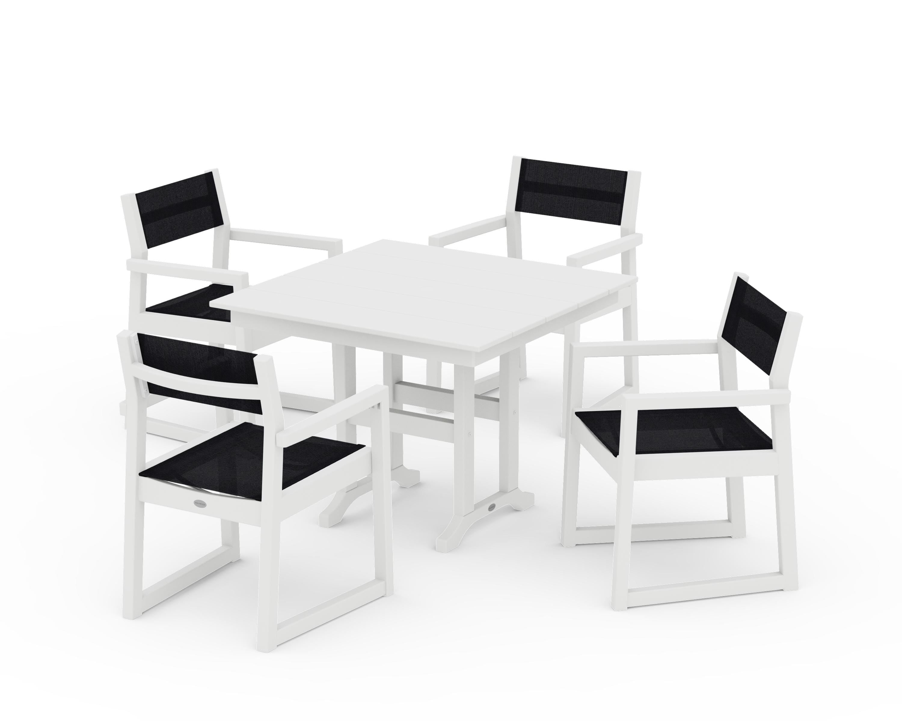 POLYWOOD® EDGE Sling Arm Chair 5-Piece Farmhouse Dining Set in White / Black Sling