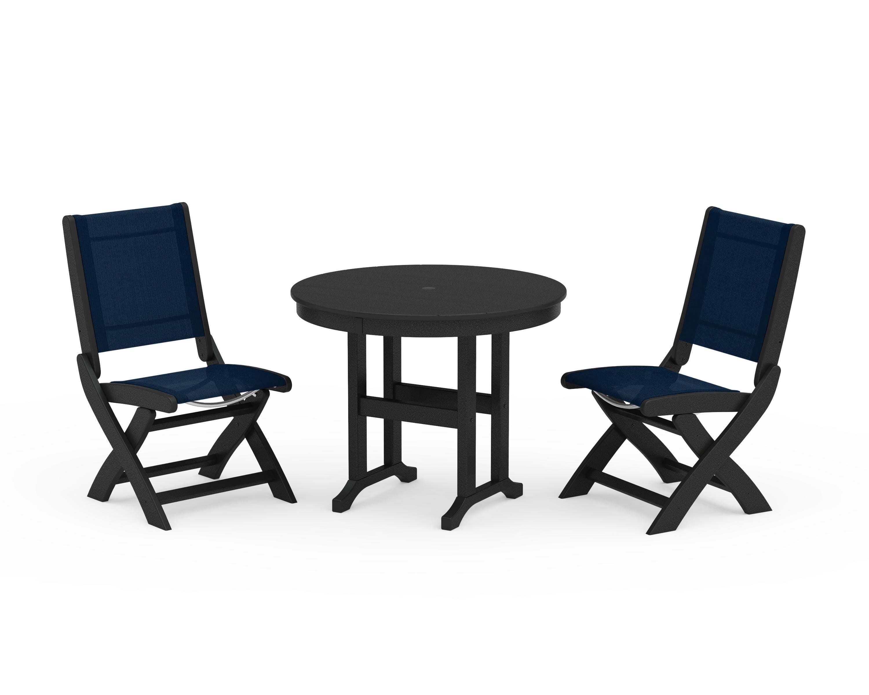 POLYWOOD® Coastal Folding Side Chair 3-Piece Round Dining Set in Black / Navy Blue Sling