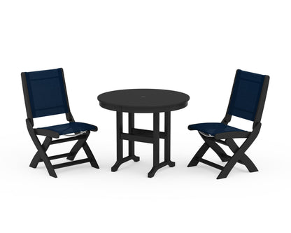 POLYWOOD® Coastal Folding Side Chair 3-Piece Round Dining Set in Black / Navy Blue Sling