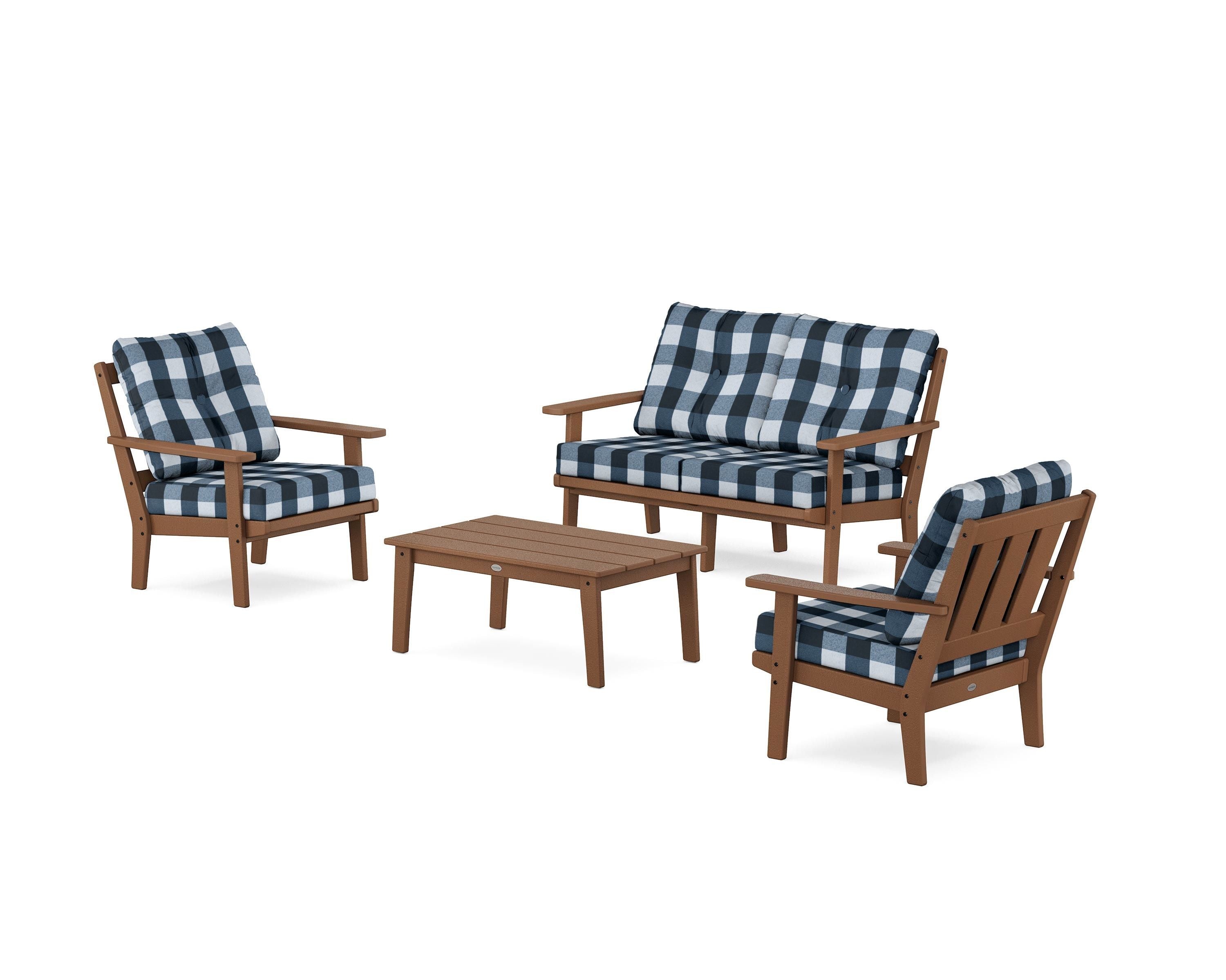 POLYWOOD® Oxford 4-Piece Deep Seating Set with Loveseat in Teak / Buffalo Plaid Marine Indigo