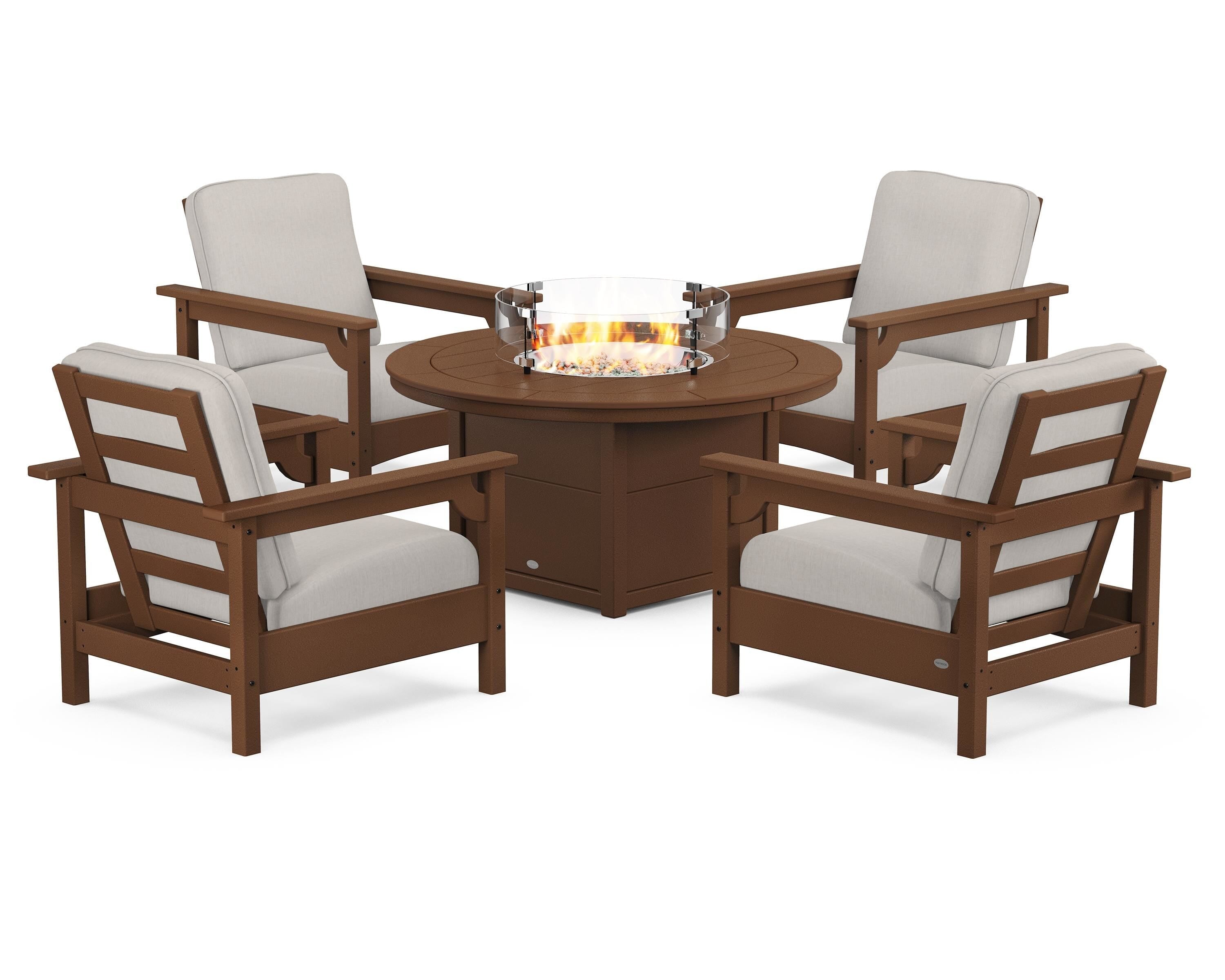 POLYWOOD® Club 5-Piece Conversation Set with Fire Pit Table in Teak / Cast Ash