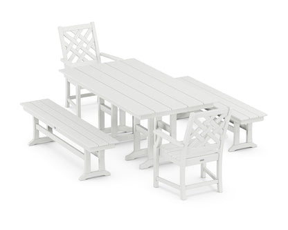 Country Living Wovendale 5-Piece Farmhouse Dining Set with Benches in White