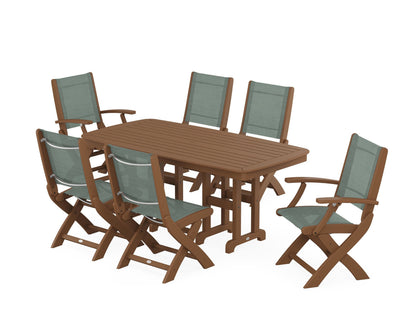 POLYWOOD® Coastal Folding Chair 7-Piece Dining Set in Teak / Dupioni Sea Mist Sling