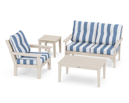 POLYWOOD® Vineyard 4-Piece Deep Seating Set in Sand / Cabana Stripe Sky Blue