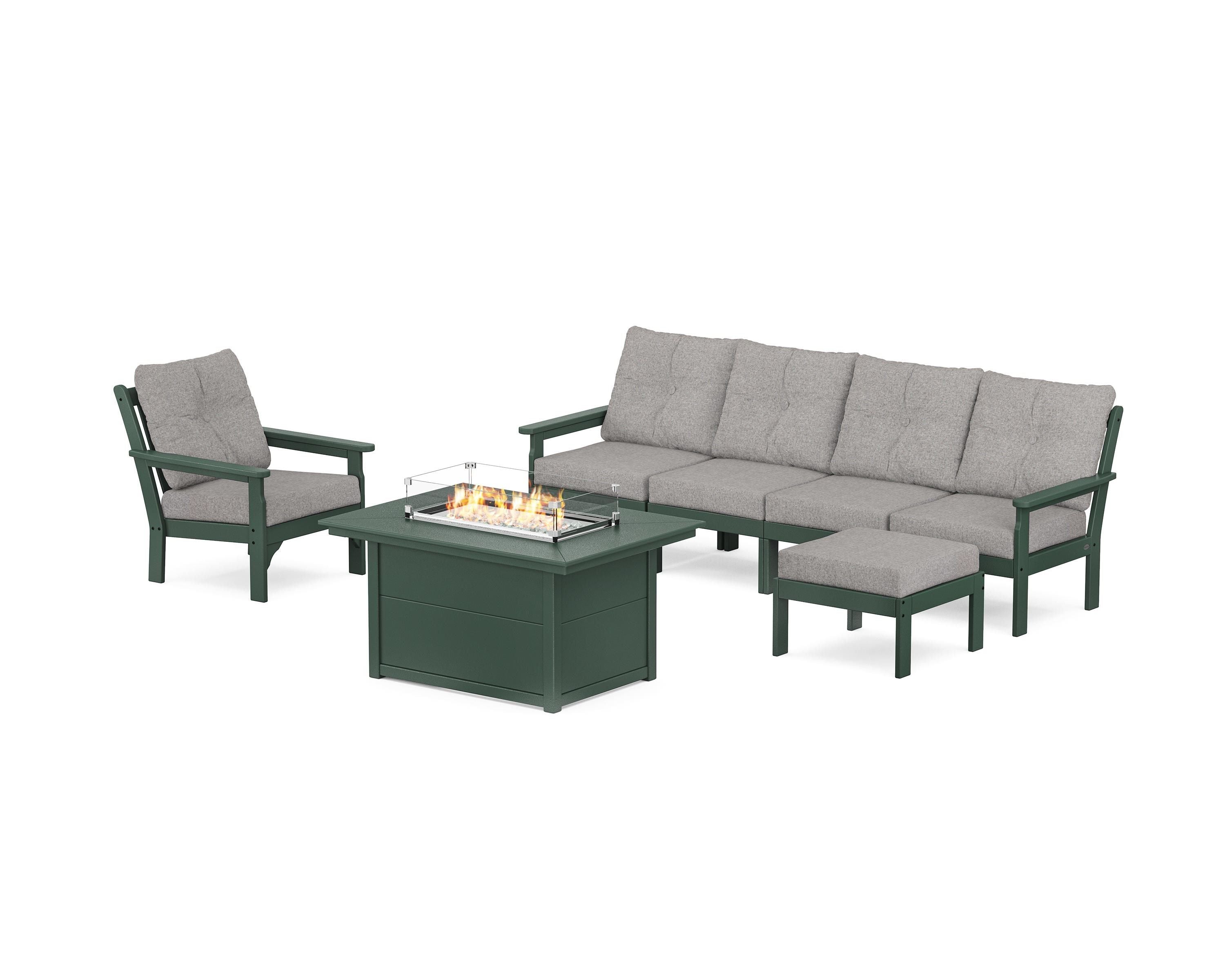 POLYWOOD® Vineyard Sectional Lounge and Fire Pit Set in Green / Grey Mist