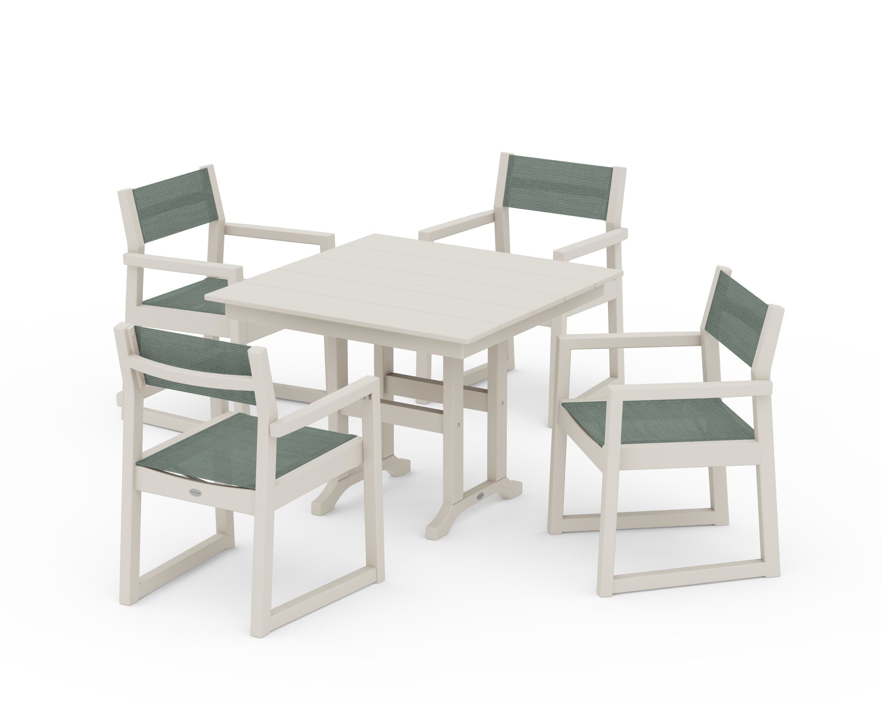 POLYWOOD® EDGE Sling Arm Chair 5-Piece Farmhouse Dining Set in Sand / Dupioni Sea Mist Sling
