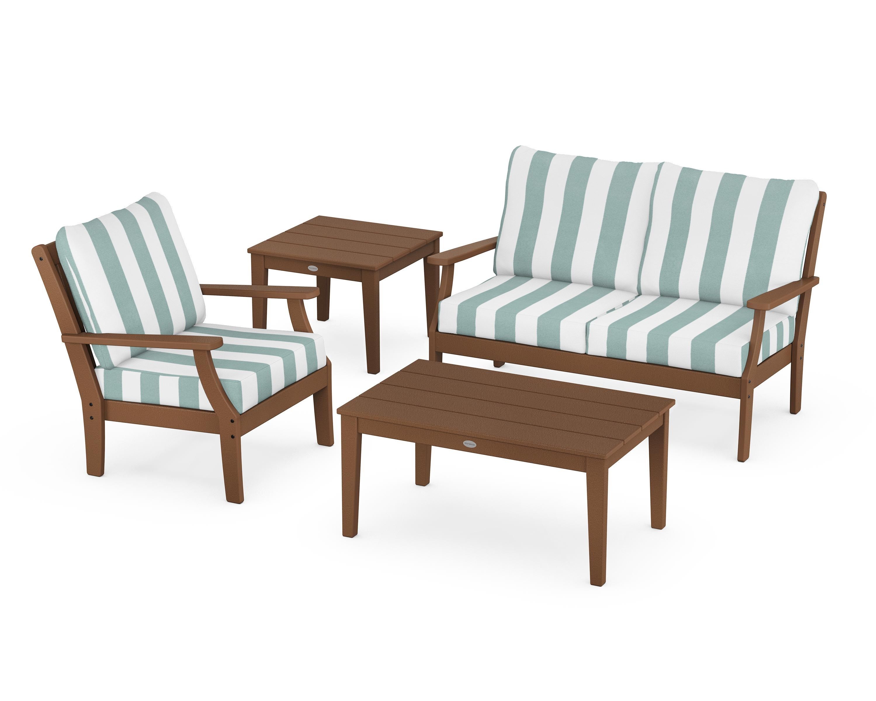 POLYWOOD® Braxton 4-Piece Deep Seating Set in Teak / Cabana Stripe Glacier Spa